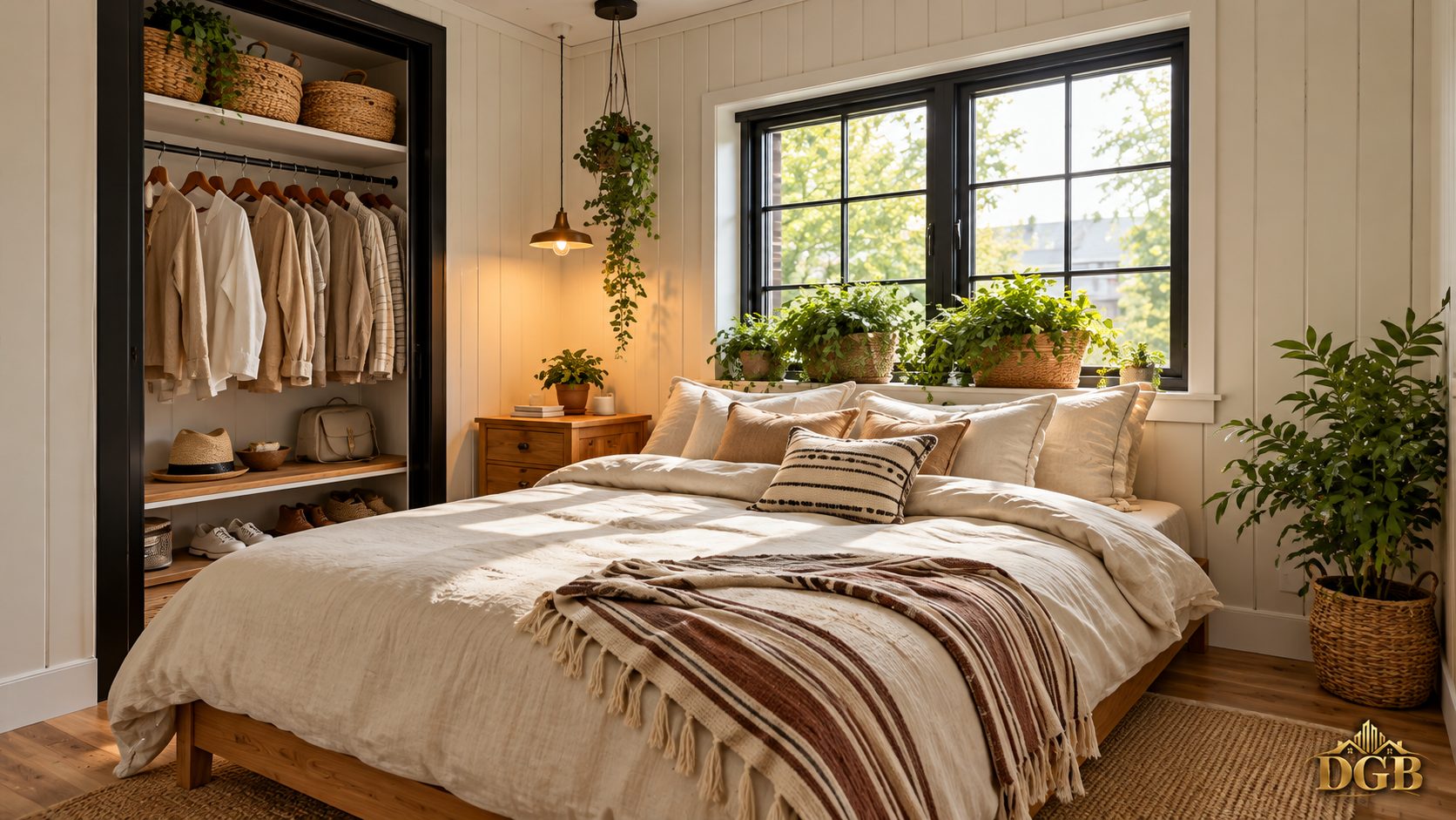 Bedroom with plank walls and open closet