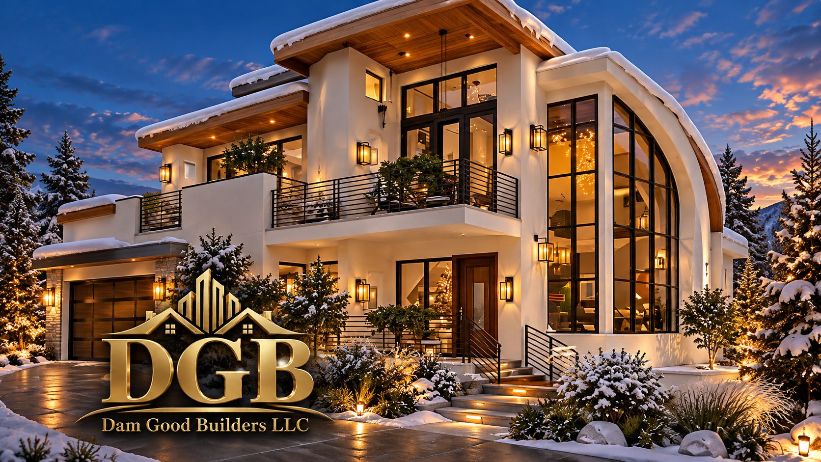 A cream stucco mini mansion with tall arched windows and warm lights on a snowy evening