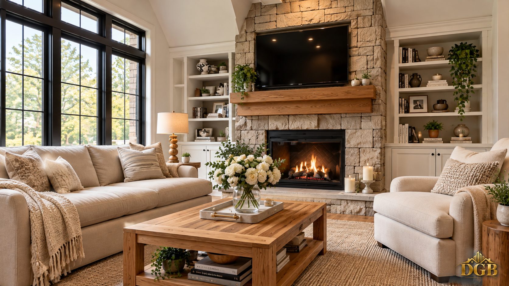 Living room with a stone fireplace and built-in shelves